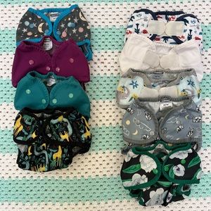 Cloth diapers: Thirsties covers, Snappis, bags, prefolds, fitted diapers